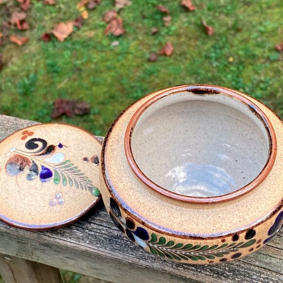 Pottery Hand Painted Mexican Stoneware Tonala Trinket Dish w/Lid Vintage - Picture 12 of 16